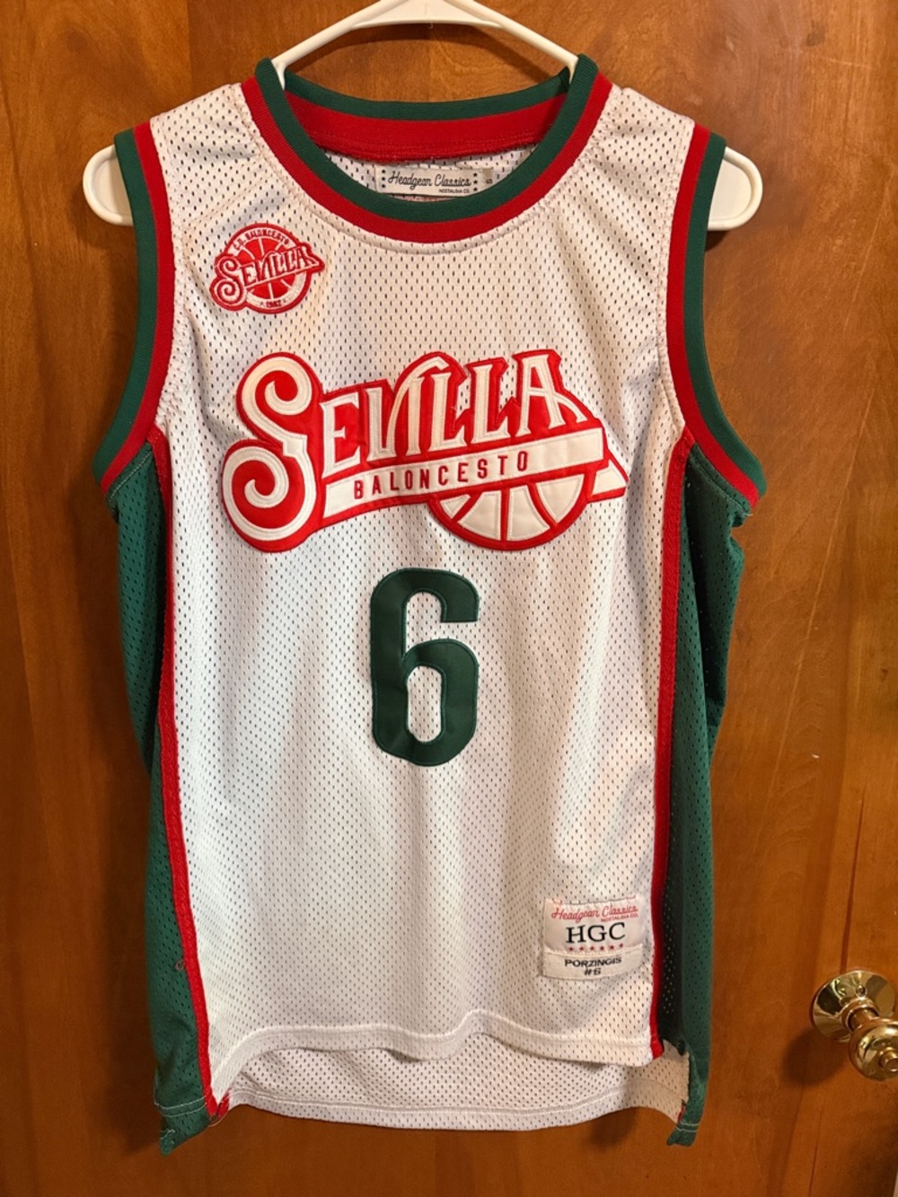 Sevilla Basketball Jersey with Green & Red Trim, Number 6 Porzingis